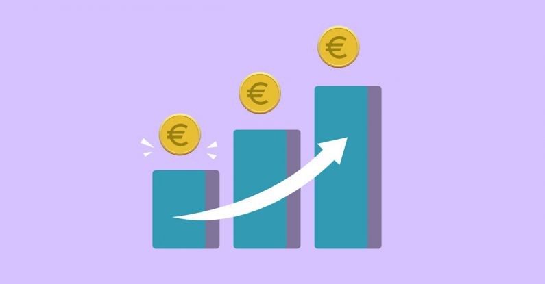 Saving Strategy - Vector illustration of income growth chart with arrow and euro coins against purple background