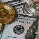 Cryptocurrency Coins - Bitcoins and U.s Dollar Bills