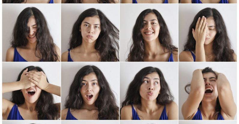 Happiness Concept - Collage of portraits of happy expressive lady with different cheerful expressions while looking at camera