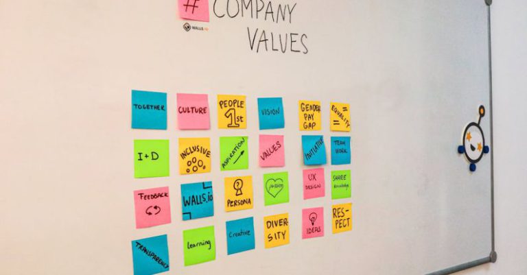 Creative Marketing - White board with company values written on sticky notes