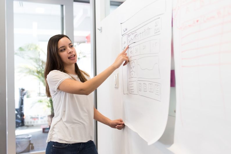 Leadership - woman standing pointing paper on board