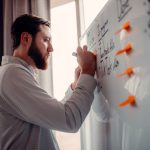 Entrepreneurship - a man writing on a white board with orange markers